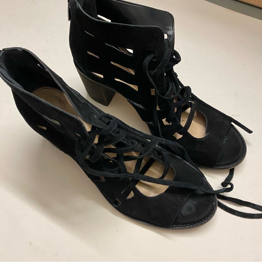 Vince Camuto Tressa Lace-Up black leather suede Sandals block heel 9.5W - Picture 2 of 10